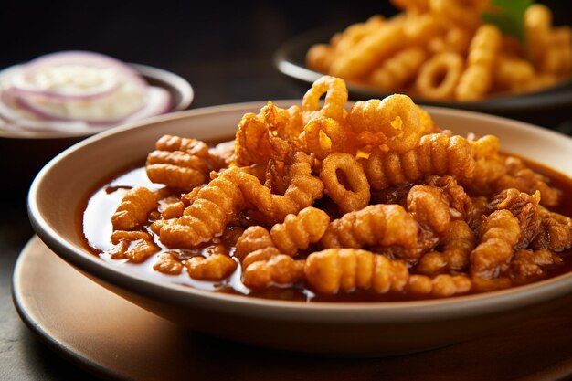 Foto close-up de pele de porco crocante chicharran servido com pozole