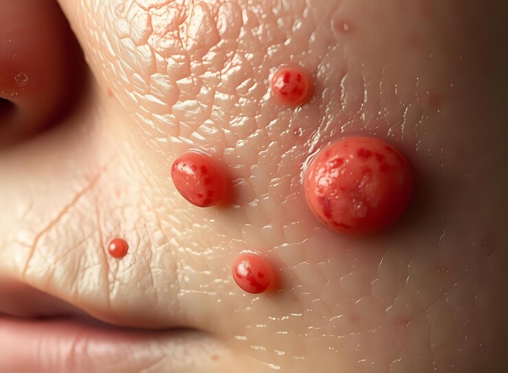 Foto close-up de pele rachada com lesões de herpes