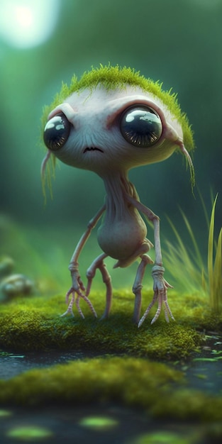Close-up de pequeno alienígena como criatura com grama verde generativa ai