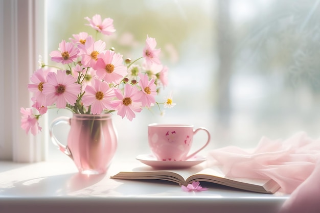 Close-up de pequenos bouquets de flores cor-de-rosa em vaso de vidro com fundo focado suave borrado