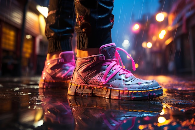 Close-up de pernas em sapatos ficando em poças de néon chuva forte IA geradora