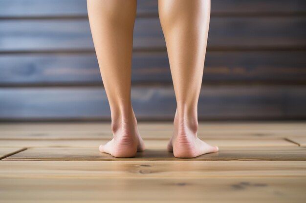 Foto close-up de pernas femininas em um chão de madeira na sala ai gerado