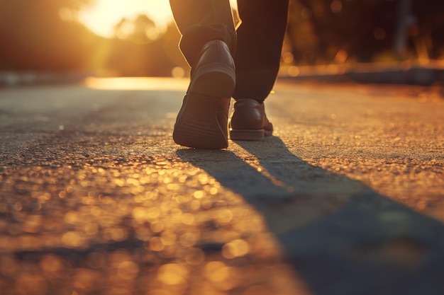 Close-up de pés caminhando na estrada iluminada pelo sol simbolizando uma jornada ou realização de um objetivo