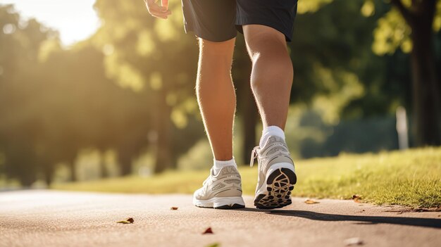 Close-up de pés de alguém correndo em um caminho iluminado pelo sol com o foco em sapatos atléticos e o passo personificando o fitness ao ar livre