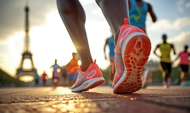 Close-up de pés de corredores enquanto correm em direção à Torre Eiffel em Paris esportes de verão atletismo