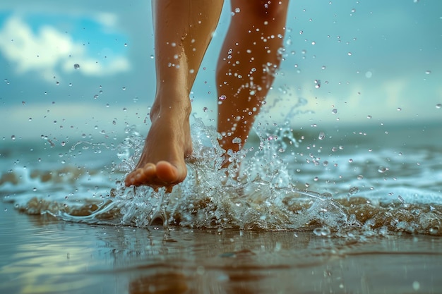 Close-up de pés humanos caminhando na costa da praia com água salpicando e céus vívidos no