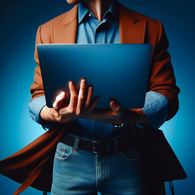 Foto close-up de pessoa de negócios segurando laptop contra fundo azul com raios de luz