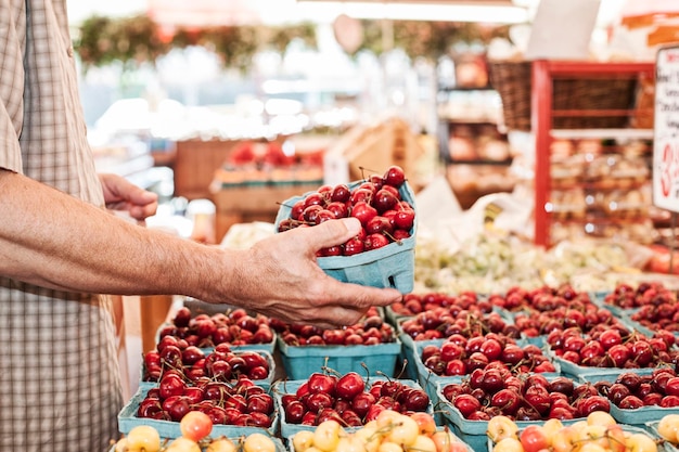 Close-up de pessoa segurando punnet com cerejas vermelhas frescas em um mercado de frutas e vegetais