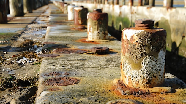 Foto close-up de pilares metálicos enferrujados em um cais os pilares estão fixados à superfície de concreto com grandes porcas e lavadoras