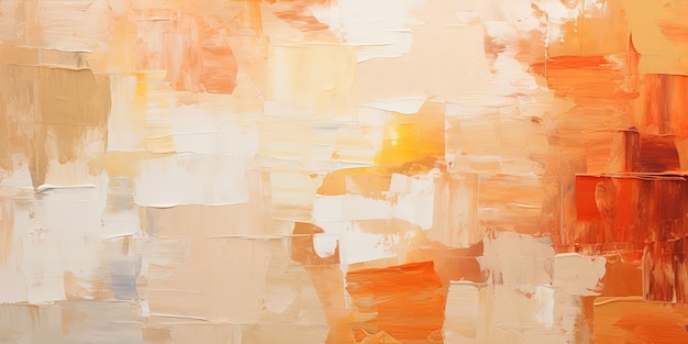 Close-up de pintura artística abstrata, áspera, colorida, multicolorida, vermelha, laranja, marrom e bege, textura com pincel de óleo, pintura com faca de palete em tela