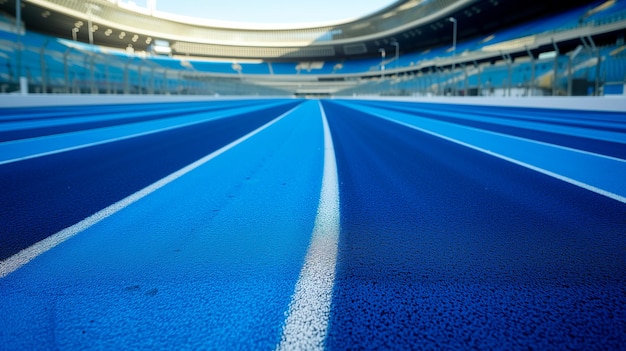 Close-up de pistas de atletismo azuis no estádio esportivo olímpico sem pessoas Corrida de pista