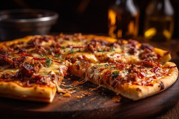 Close-up de pizza de churrasco em uma casca de pizza de madeira com bordas crocantes e queijo derretido