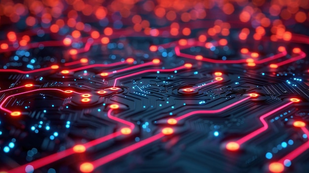 Close-up de placa de circuito com luzes vermelhas e azuis