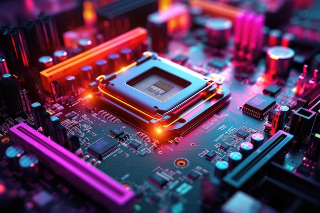 Foto close-up de placa de circuito com processador e microchips renderização 3d uma placa-mãe de computador com conexões coloridas brilhantes ai gerado