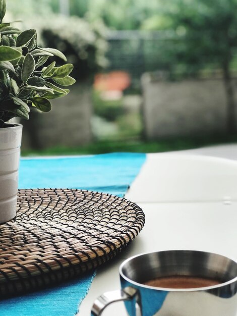 Foto close-up de planta em vaso por xícara de café na varanda