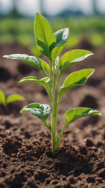 Foto close-up de planta jovem crescendo no solo com fundo natural