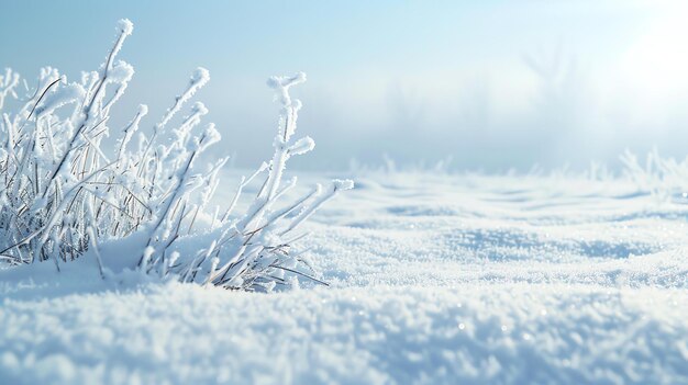 Close-up de plantas cobertas de neve contra um fundo desfocado de um campo coberto de neve sob a luz solar brilhante