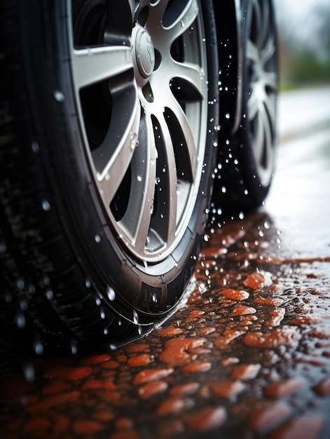 Foto close-up de pneus de automóvel em estrada molhada conceito de segurança de condução na chuva