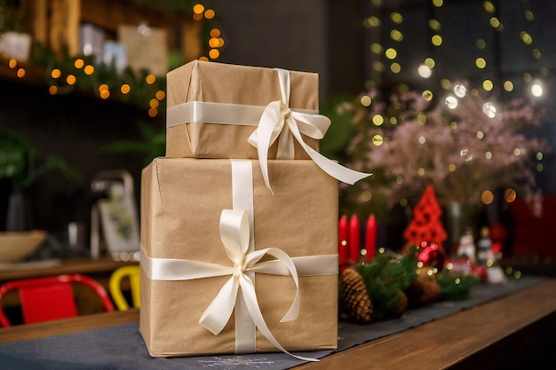 Close-up de presentes lindamente embrulhados para o ano novo e o Natal. As caixas são decoradas com papel artesanal e fita.