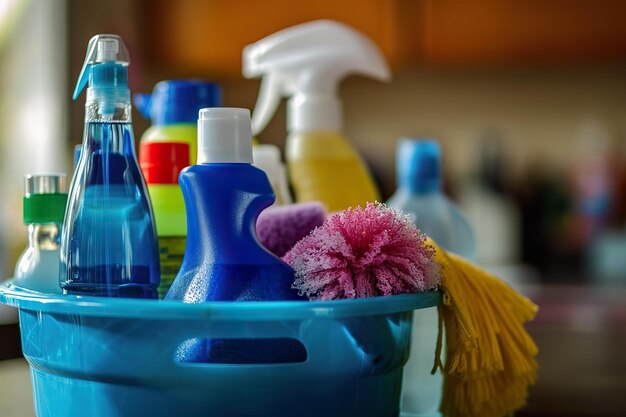 Foto close-up de produtos de limpeza em um balde azul