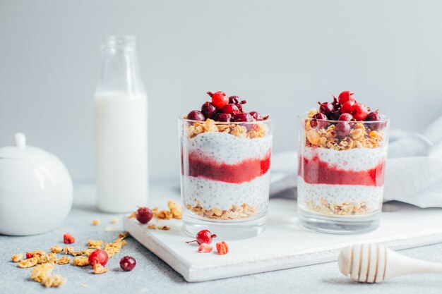 Close-up de pudim de chia com groselha de iogurte granola no fundo de uma garrafa de leite na cinza