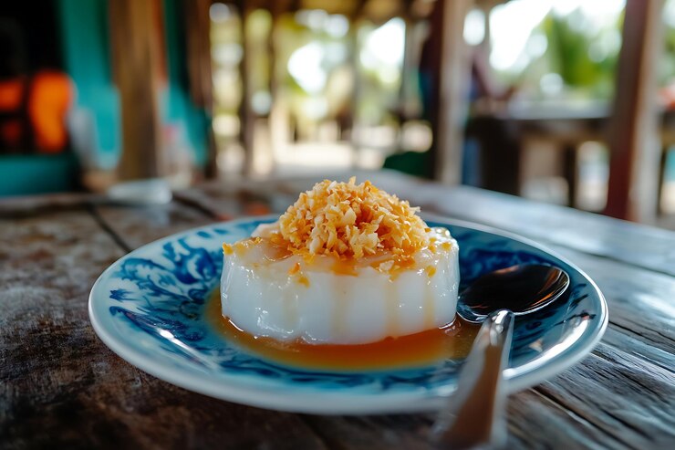 Foto close-up de pudim de coco tailandês com molho de caramelo e flocos de coco torrados