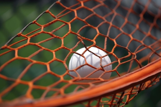 Close-up de raquete de tênis com uma bola de tênis e rede no fundo criado com AI gerativa