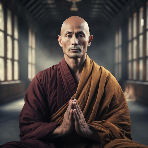 Foto close-up de retrato de um monge budista meditando em um templo em postura budista ai gerativa