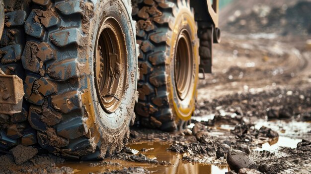 Foto close-up de rodas de máquinas de construção industriais profundamente na lama em um canteiro de obras