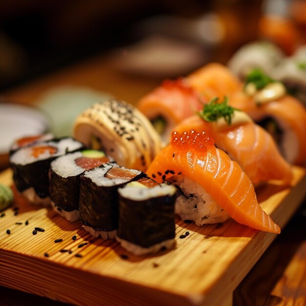 Foto close up de rolos de sushi em bandeja preta foco seletivo ia geradora