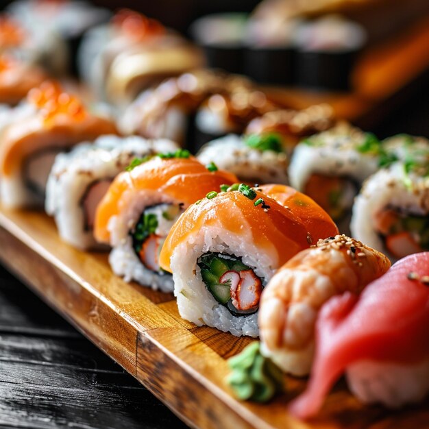 Foto close up de rolos de sushi em bandeja preta foco seletivo ia geradora