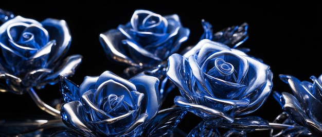 Close-up de rosas de cristal azul sobre um fundo preto