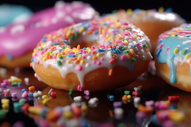 Close-up de rosquinhas polvilhadas com glacê e pedaços de doces coloridos Donuts variados Generative AI