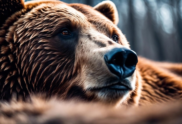 Close-up de rosto de urso full frame Cabeça de urso castanho fundo de pele natural Conceito e estilo de vida selvagem animal para texturas de design e papel de parede Poster de banner Gerado Ai Copy espaço de texto de anúncio