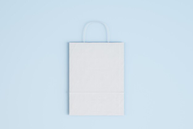 Close-up de saco de papel branco vazio em fundo azul conceito de compras Mock up Rendering 3D