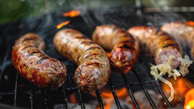 Foto close-up de salsichas grelhadas a escaldar num churrasco prontas para serem servidas com mostarda e chucrute