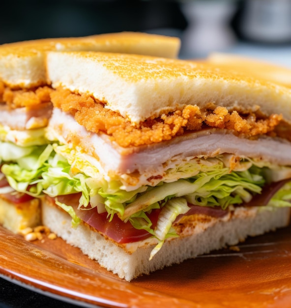 Close-up de sanduíche katsu sando com carne de frango e repolho na mesa