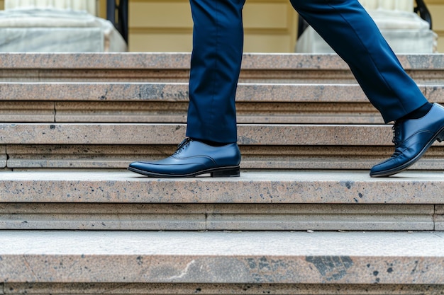 Close-up de sapatos de um empresário enquanto subem uma escada desenvolvimento de carreira e estratégia