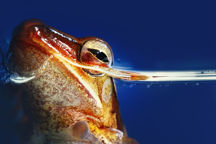 Foto close-up de sapo do arbusto laranja comum na água.