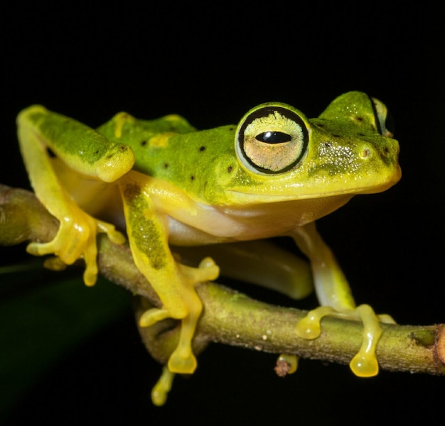 Foto close-up de sapo em folha contra fundo preto