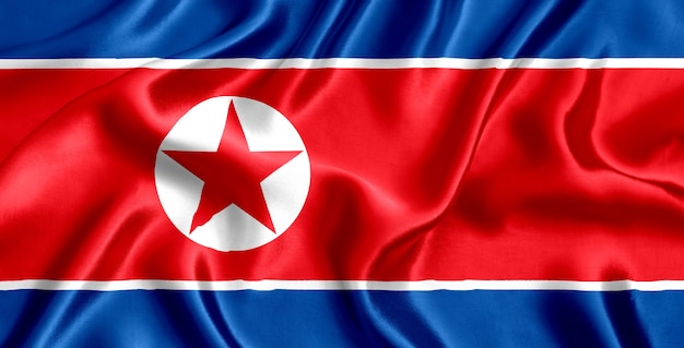 Close-up de seda da bandeira da Coreia do Norte