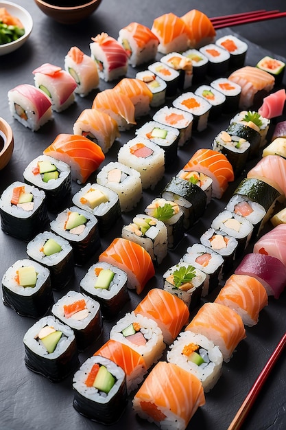 Foto close-up de seleção de pratos de rolos de sushi e pauzinhos criados usando tecnologia de ia generativa