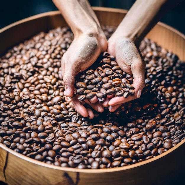 Close-up de sementes de café Grãos de café perfumados são torrados, fumaça vem de grãos de café