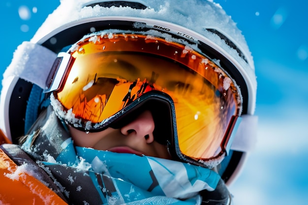 Close-up de snowboarder vestido com óculos de proteção na neve