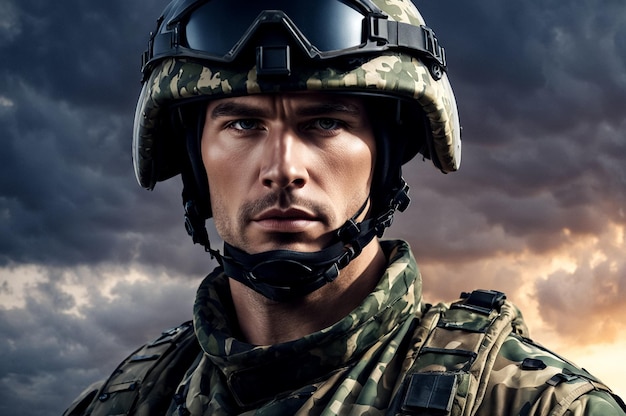 Close-up de soldado russo focado em traje de camuflagem com capacete contra o céu escuro olhar confiante Serio
