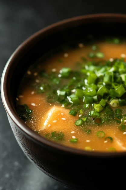 close-up de sopa de miso japonesa na tigela