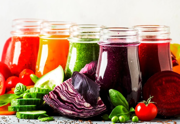 Close-up de sucos vegetais veganos coloridos e smoothies em garrafas na mesa de cozinha cinza