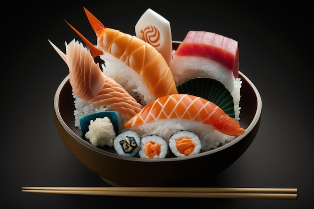 Close-up de sushi sashimi conjunto com pauzinhos e soja