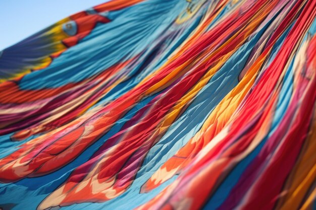 Close-up de tecido de parapente colorido contra o céu azul