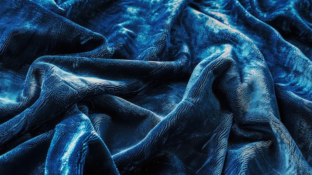 Close-up de tecido de veludo azul com sotaques brilhantes O tecido é dobrado e enrugado criando um aspecto dinâmico e texturizado A cor azul escuro do veludo é rica e brilhante